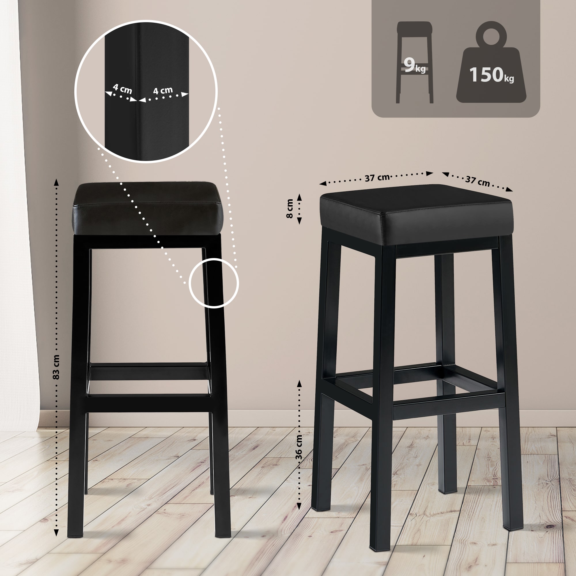 Barstol Taylor setehøyde 83 cm metallramme svart