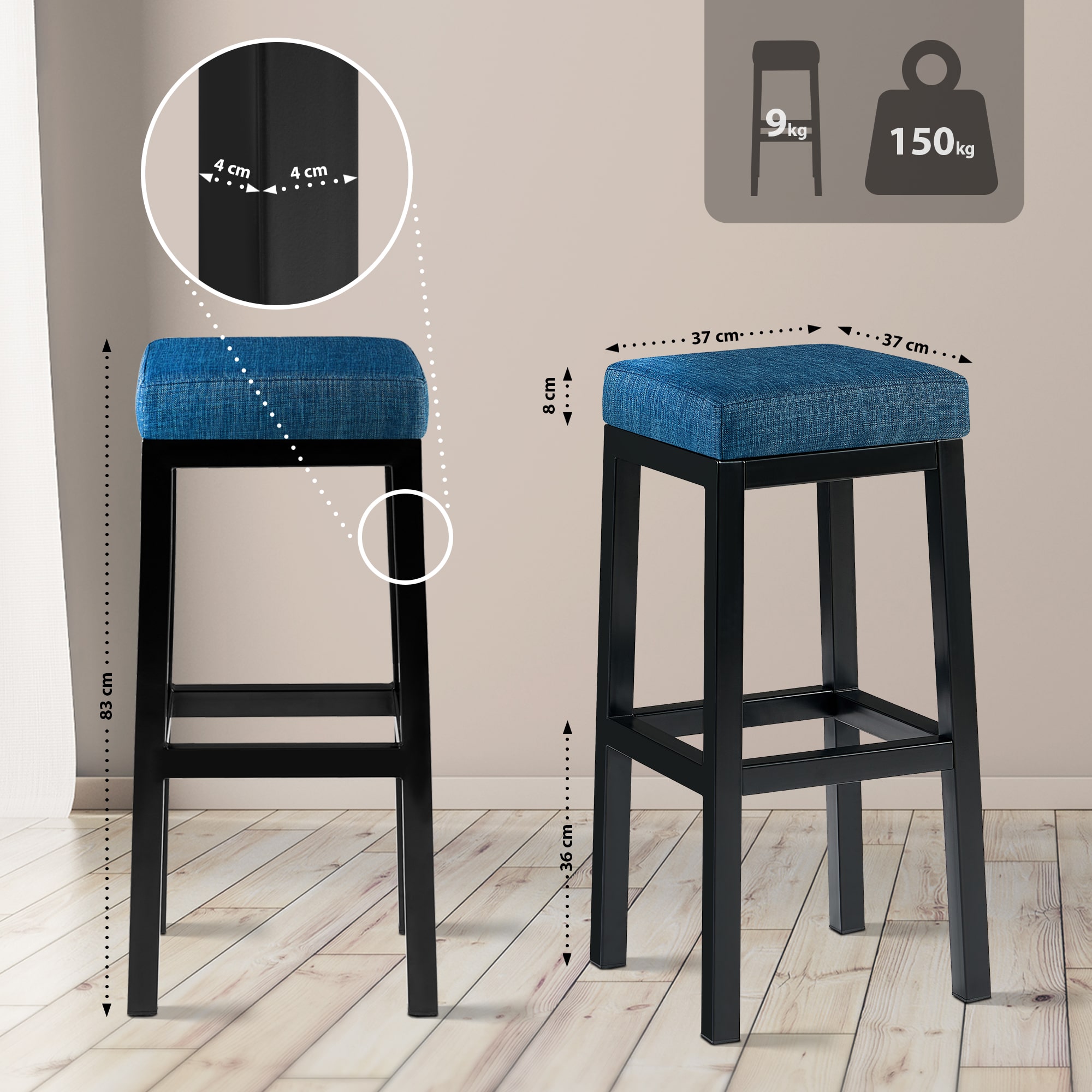 Barstol Taylor setehøyde 83 cm metallramme svart