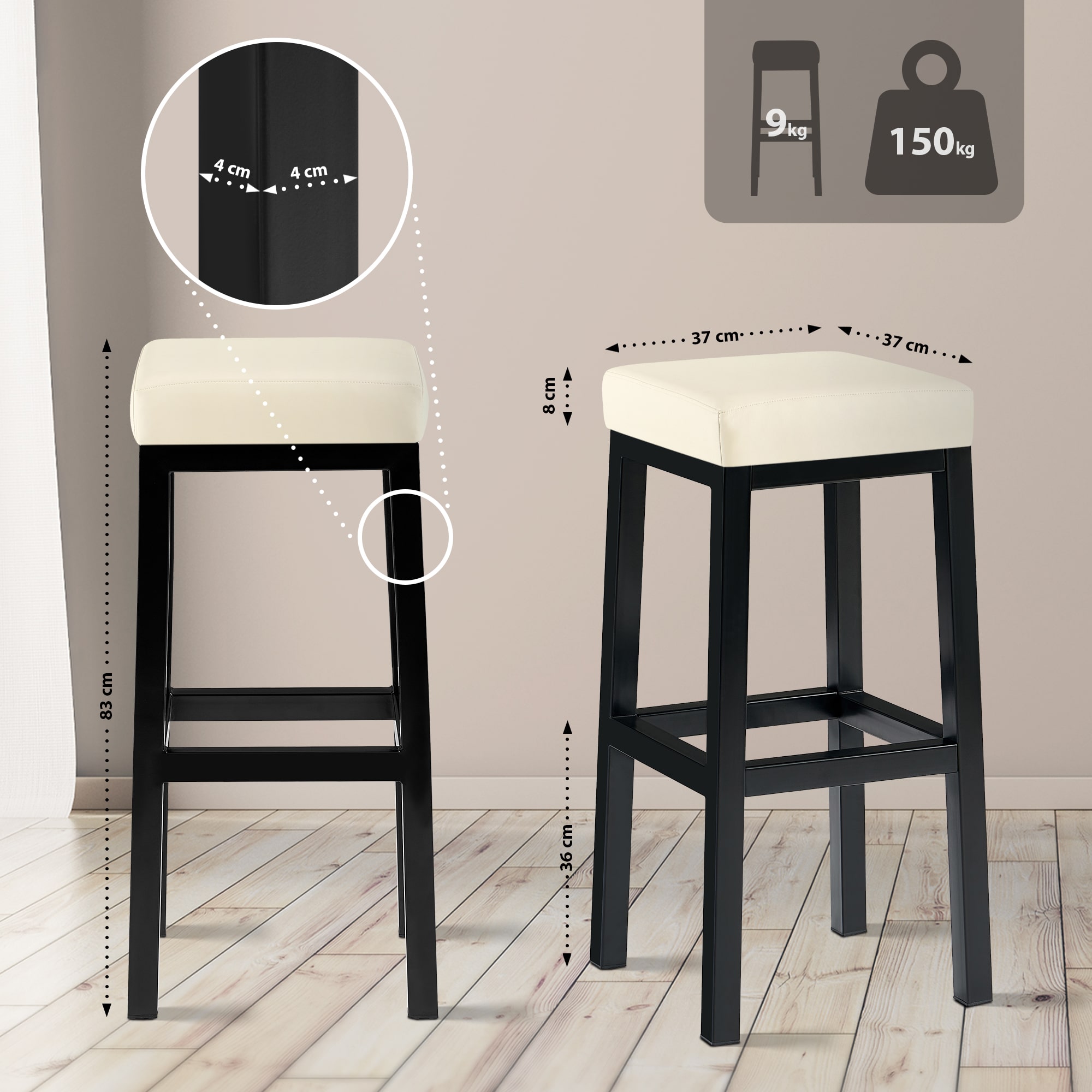Barstol Taylor setehøyde 83 cm metallramme svart