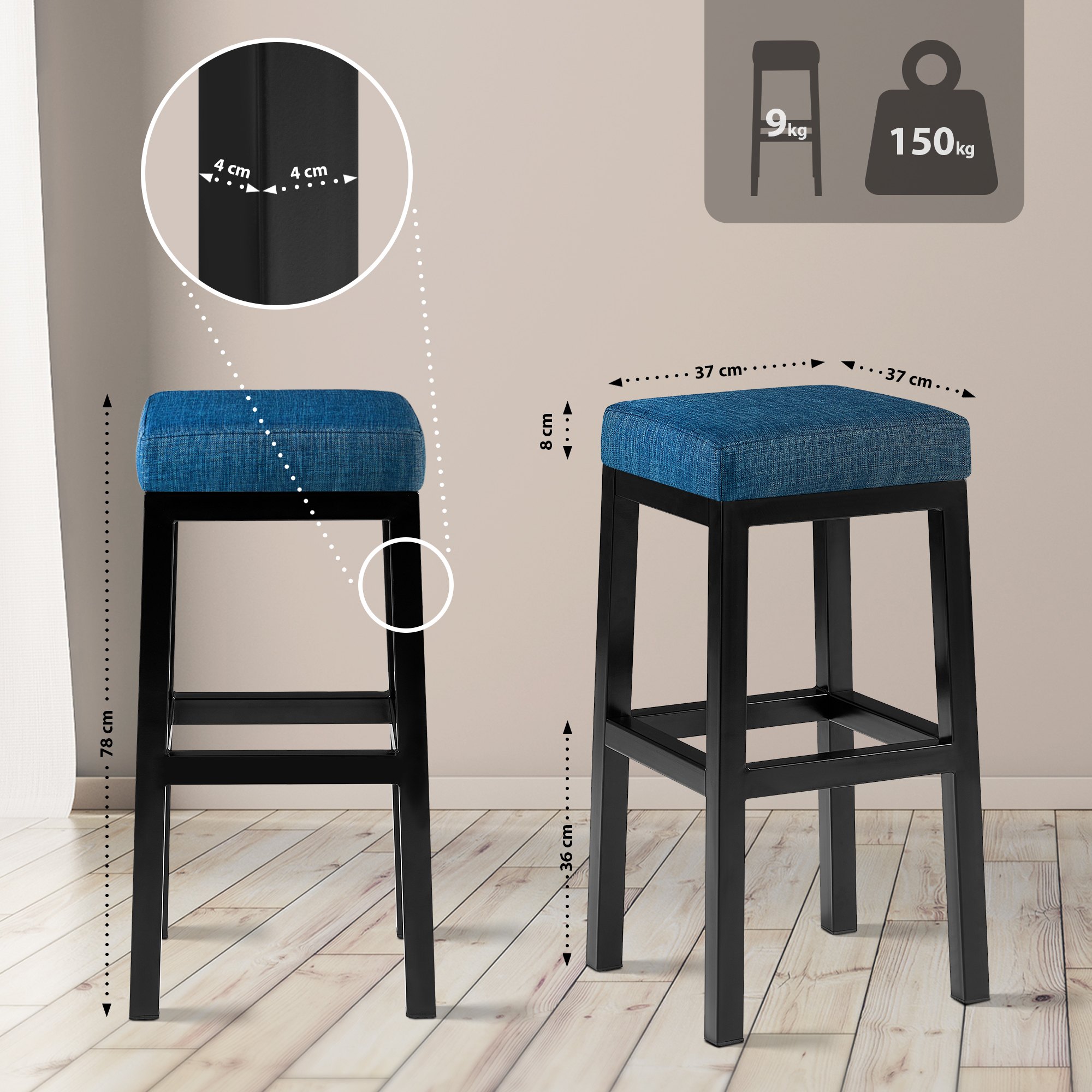 Barstol Taylor stofftrekk setehøyde 78 cm metallramme svart
