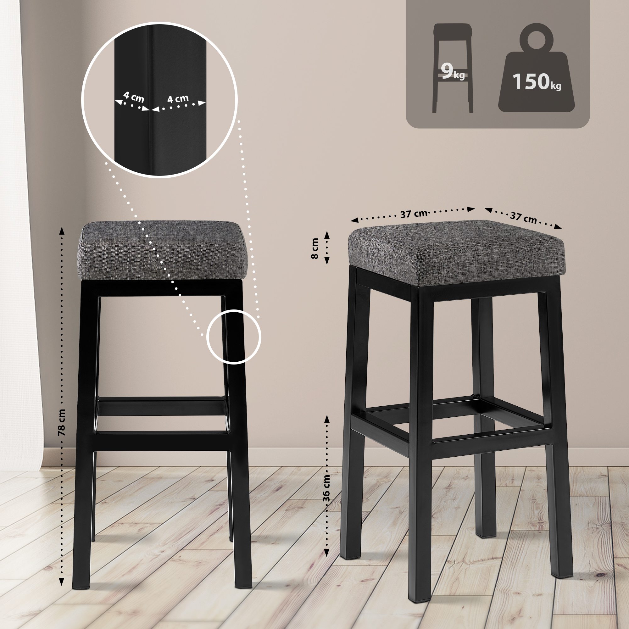 Barstol Taylor stofftrekk setehøyde 78 cm metallramme svart
