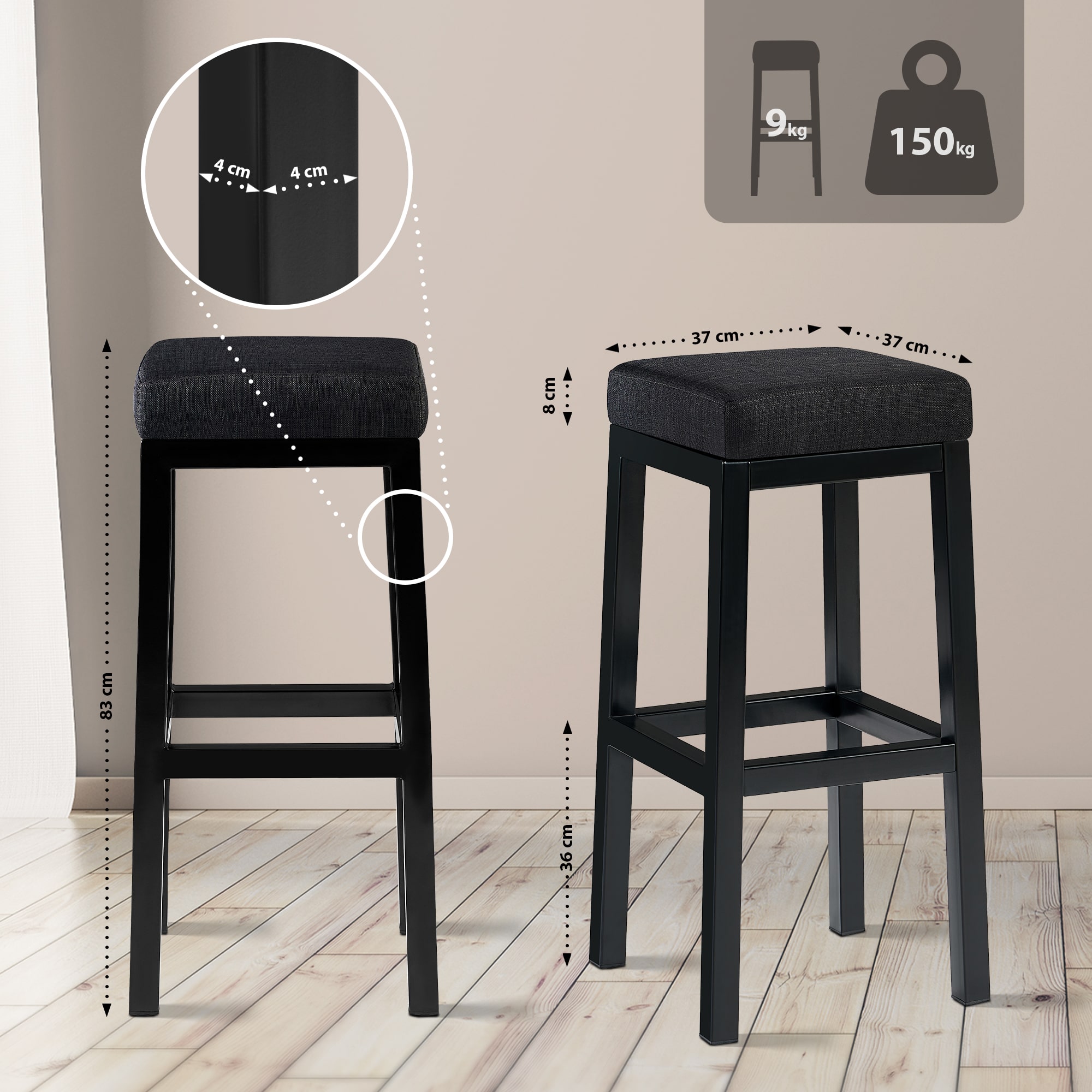 Barstol Taylor setehøyde 83 cm metallramme svart
